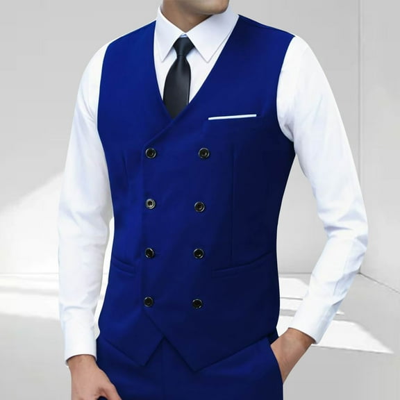 SYMOID Men's Formal Double Breasted Vest - Wrinkle Resistant Polyester, for Business/Wedding/Semi-Formal, Machine Washable, Size 2XL, Blue