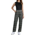 thumbnail image 2 of Pantalones largos rectos de cintura elástica con botones y cremallera de cuadros para mujer Inspire Chic en gris oscuro y marrón, 2 of 6