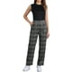 thumbnail image 2 of Pantalones largos rectos de cintura elástica con botones y cremallera de cuadros para mujer Inspire Chic en gris oscuro y marrón, 2 of 6