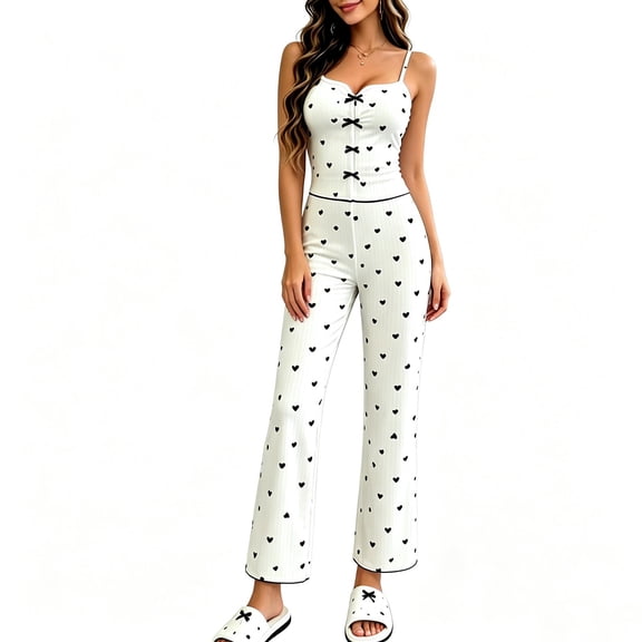 Naotn Women Heart Print Rib Knit Lounge Set Spaghetti Strap Cropped Tops Flare Long Pant Matching Sets Casual Pajama Sets