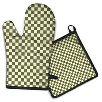 Olive Green and White Checkerboard Pattern Kitchen Oven Mitt and Pot Holder Sets 2 Pcs for Baking, Cooking and Grilling, Heat Resistant Up To 392 °F