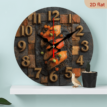 2D Flat 1pc 10Inch Wooden sushi-themed wall clock, battery-powered, handmade craft, silent movement, suitable for living room, aesthetic space, bedroom, dining area, spiritual home decor, ideal gift
