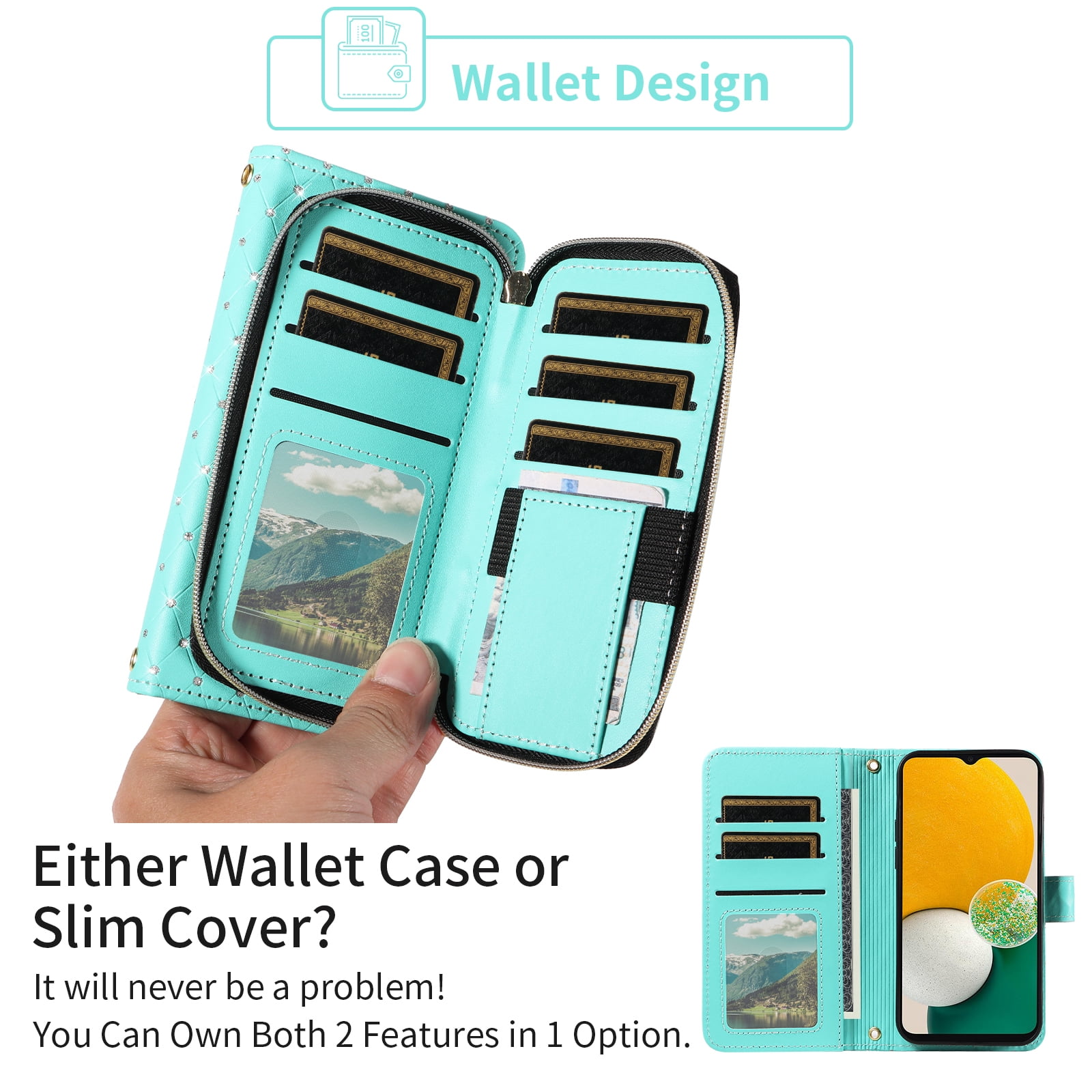 Compatible with Samsung Galaxy A13 5G Wallet Phone Case Tempered Glass Screen Protector Bling Glitter Crossbody Lanyard Strap Flip Zipper Purse Card Holder Cell Cover for A04S M13 A136U Women Green