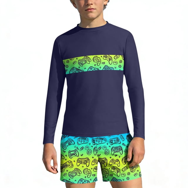Bathing Suits for Teens Rash Guard Swimsuits Set for Boys Hawaiian Print Long Sleeve Swim Shirt with Swim Trunks Vacation Modest Two Piece Swim Set for 3-14Years