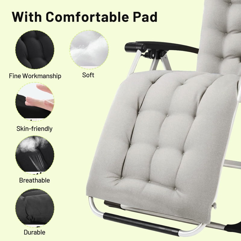 Simenmax Zero Gravity Chair, Heavy-Duty Reclining Lounge Chair with Padded Cushion & Cup Holder, Foldable Patio Recliner for Camping, Beach, and Indoor Relaxation,Gray