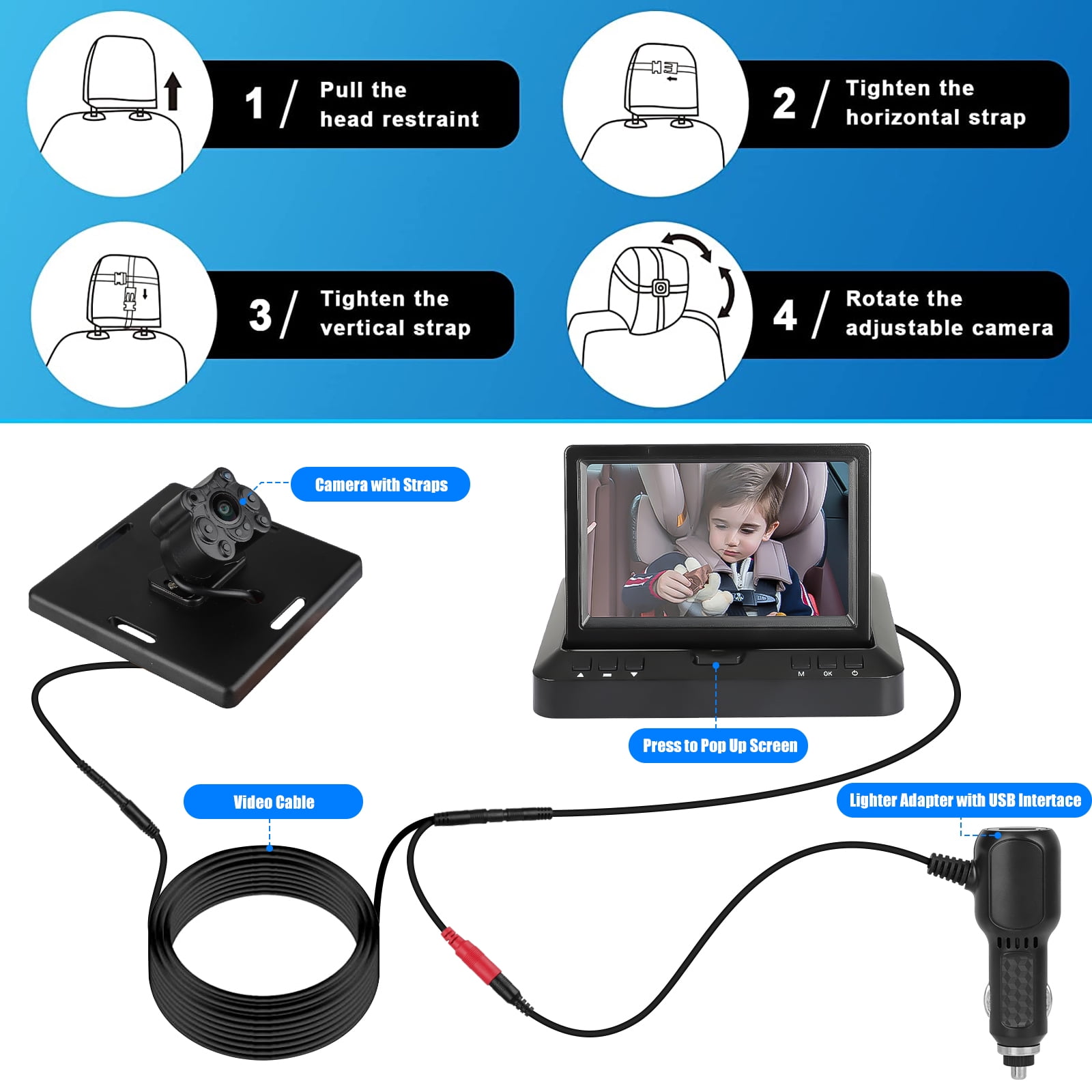 TSV Car Back Seat Camera with 4.3" 720P HD Monitor, Night Vision, 170° Wide-Angle View, 128GB TF Card Supported