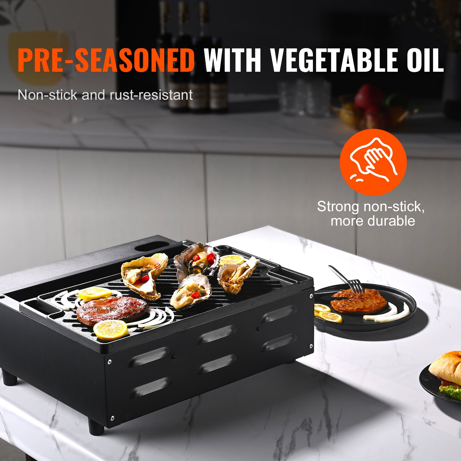 KFFKFF Switchable Grill/Griddle, 9.7"x16.7" Pre-Treated Cast Iron Griddle, Rectangular Dual Burner Griddle Pan, Non-Adhesive Family Pan Utensils with Handles, Flat Top Dish for BBQ, Gas Grill, Black