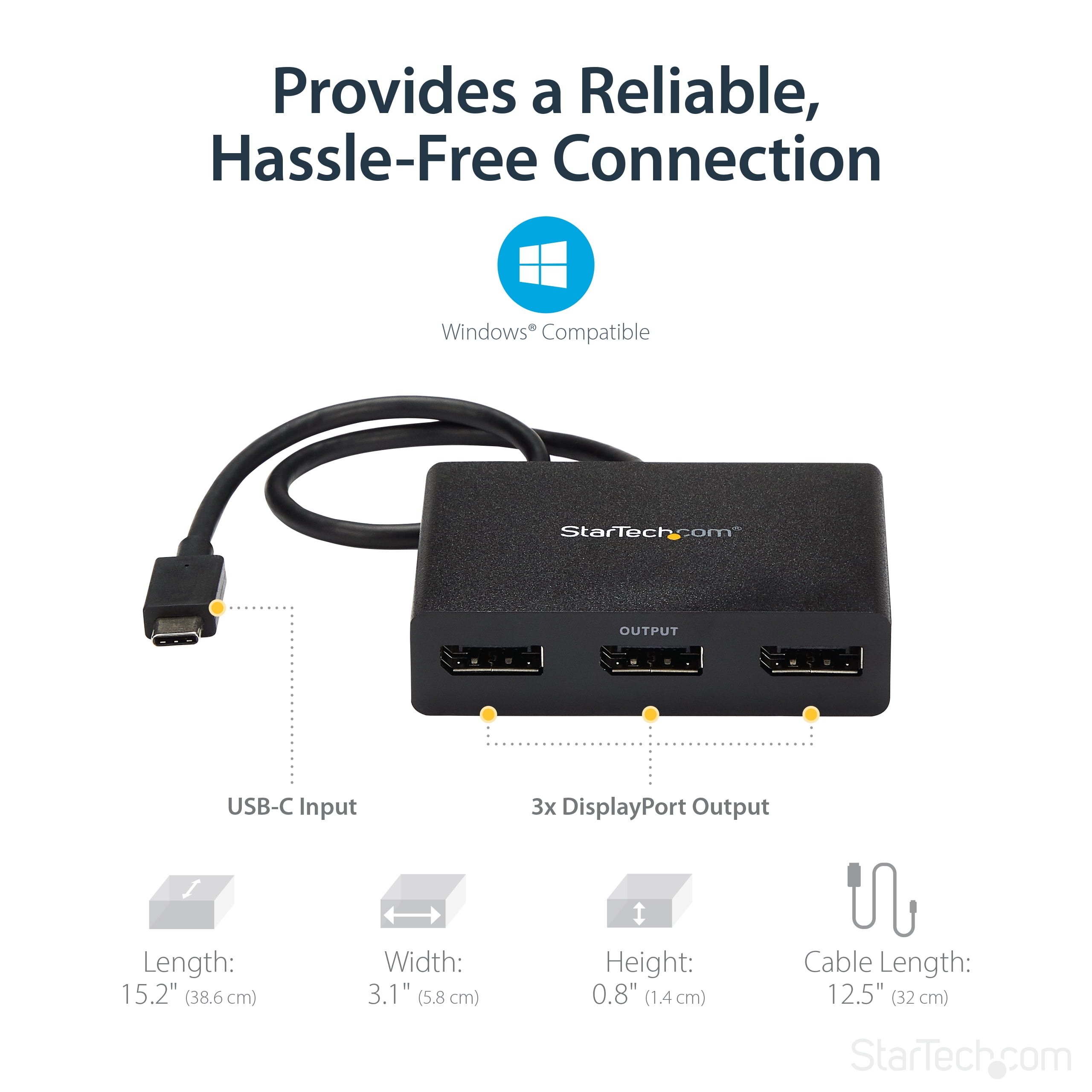 StarTech.com 3-Port USB-C Multi-Monitor Adapter, USB Type-C to 3x DisplayPort 1.2 MST Hub, Triple 1080p 30Hz DP Laptop Display Extender / Splitter, Extra-Long Built-In Cable, Windows