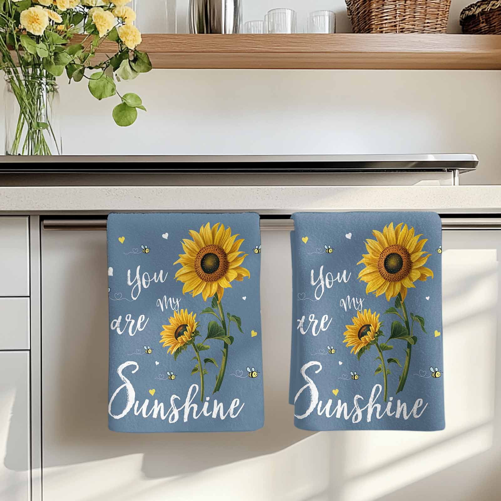 Dish Towels, You Are My Sunshine Absorbent Kitchen Towels 2 PCS, Bee Heart Floral Haze Blue Microfiber Hand Towels Dish Cloths Tea Towels for Home&nbsp;Bathroom Cleaning Drying,18X28-Inch,