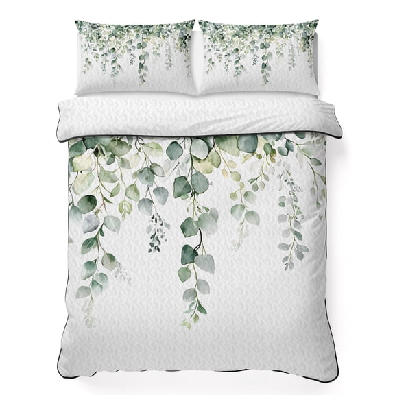 Full Quilt Set 78''x90'', Retro Eucalyptus Leaves Lightweight Summer Bedspread Coverlet Set with 2 Pillow Shams, Rustic Pastoral Botanical Breathable All Season Quilt Bedding for Bedroom/Guest Room