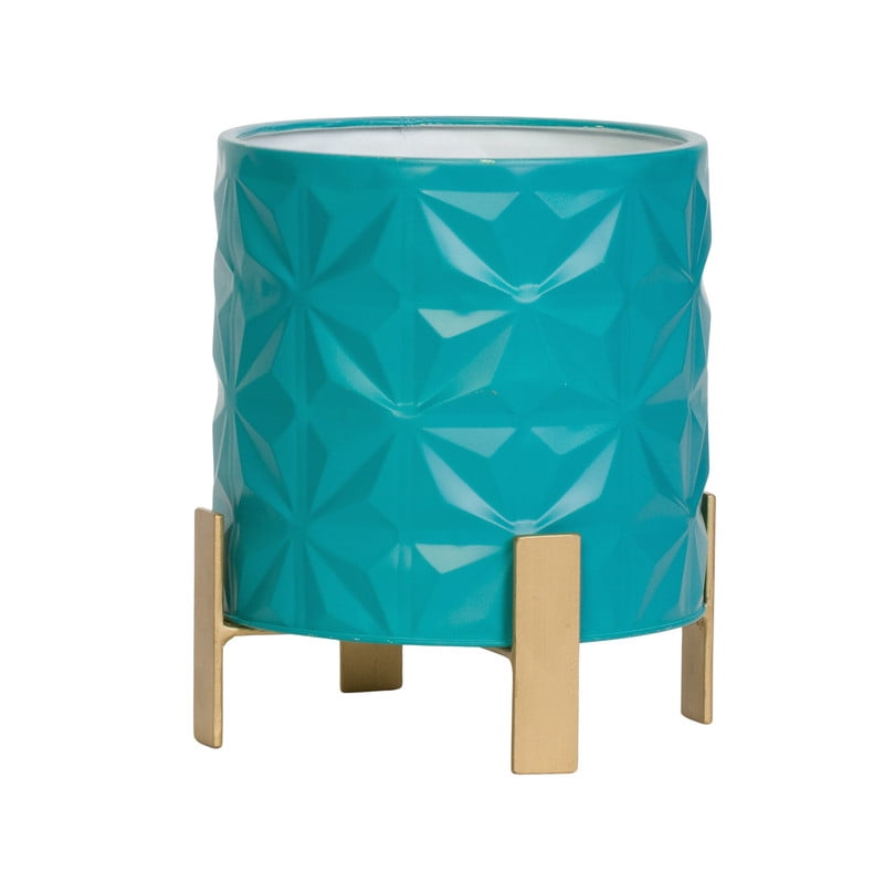 Geometric Metal Planter Pot With 4-Leg Gold Metal Base - Turquoise - 10"H x 9"W