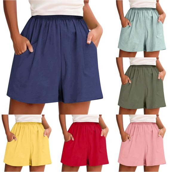 Women Solid Color Summer Pocket Casual Wide Leg Pants for Women Everyday Relaxed Fit Beach Home Wear Lightweight Loose Sports Shorts for Warm Weather Blue S