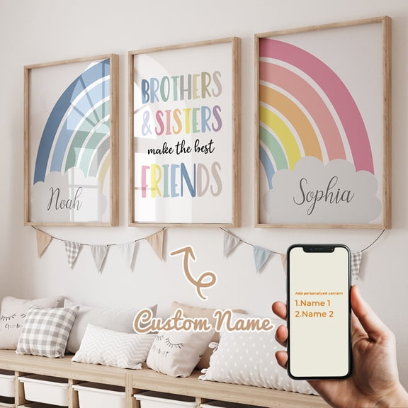 3pcs/ Set Personalized Name Brother and Sister Make Best Friends Canvas Poster Wall Art, Custom Big Sis Lil Bro, Big Bro Lil Sis Name for Home Decor, Cartoon Sibling Prints for Living Room Bedroom K