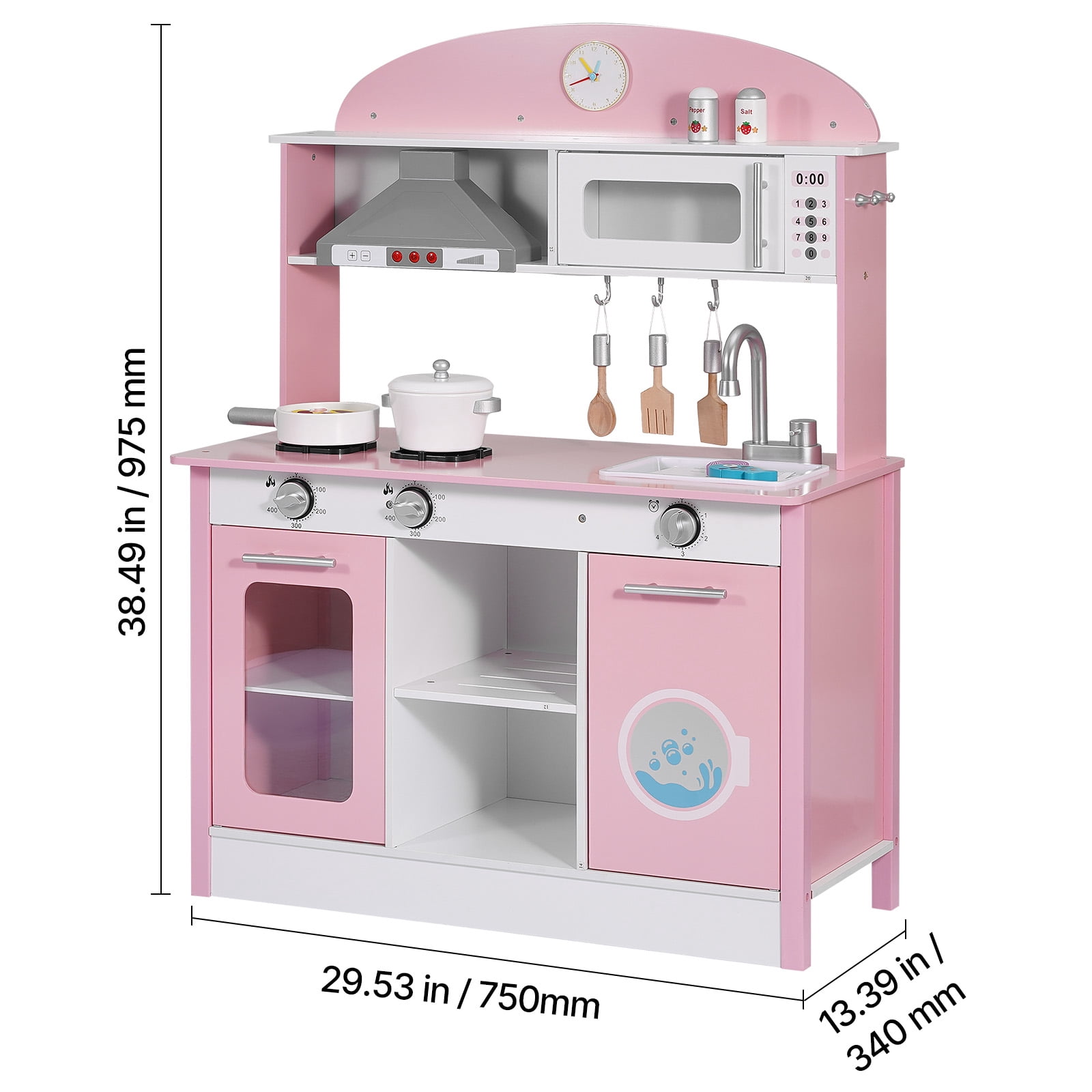 KFFKFF Wooden Play Kitchen for Kids, Pretend Play Set with Lights & Sounds, Includes Food & Cookware Accessories, Range Hood, Microwave, for Toddlers Ages 3-8, Pink