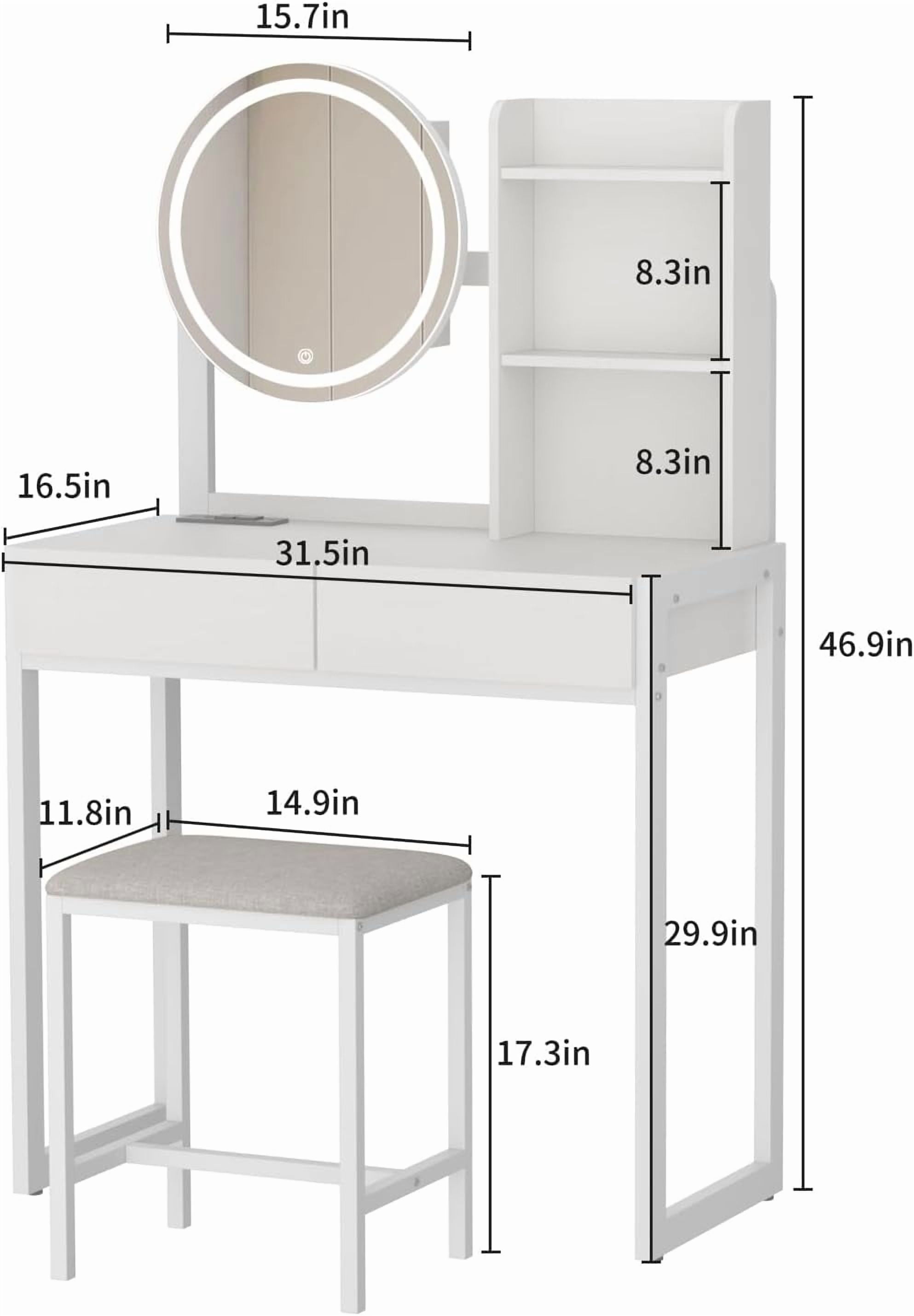 Small Vanity Desk with LED Mirror and Lights, Makeup Table with Built-in Power Outlet and USB Ports, 3 Lighting Modes Vanity with Stool for Bedroom, White
