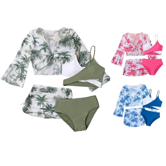 RTKFRFLM Girls 4-Piece Bikini Set High Waisted Swimsuit with Matching Cover-up for Green 11-12 Years