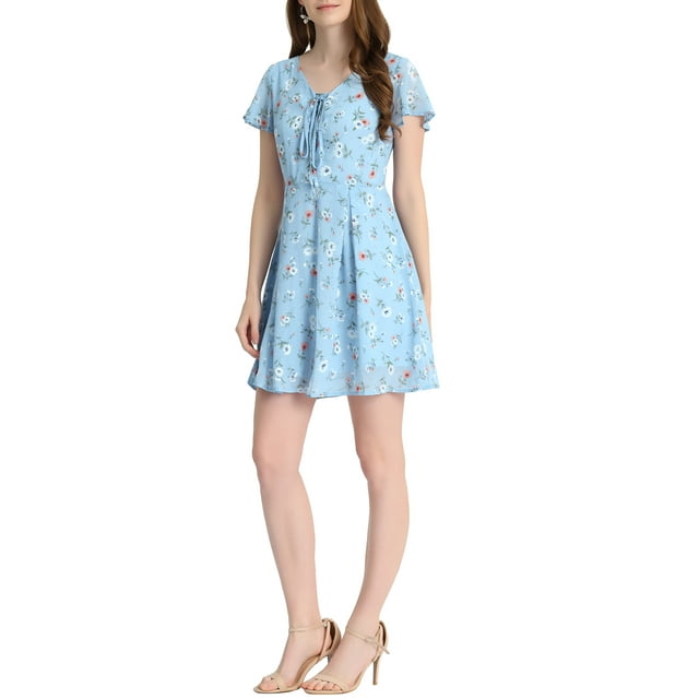 INSPIRE CHIC Robe en Mousseline à Fleurs pour Femme, Col en V, Manches Courtes Évasées, à Lacets et à Fermeture Éclair, TP Bleu Pâle