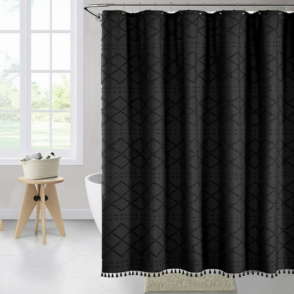 ajkijo Bohemian Solid Color Polyester Shower Curtain with Waterproof Design, Elegant Bathroom Decor Black
