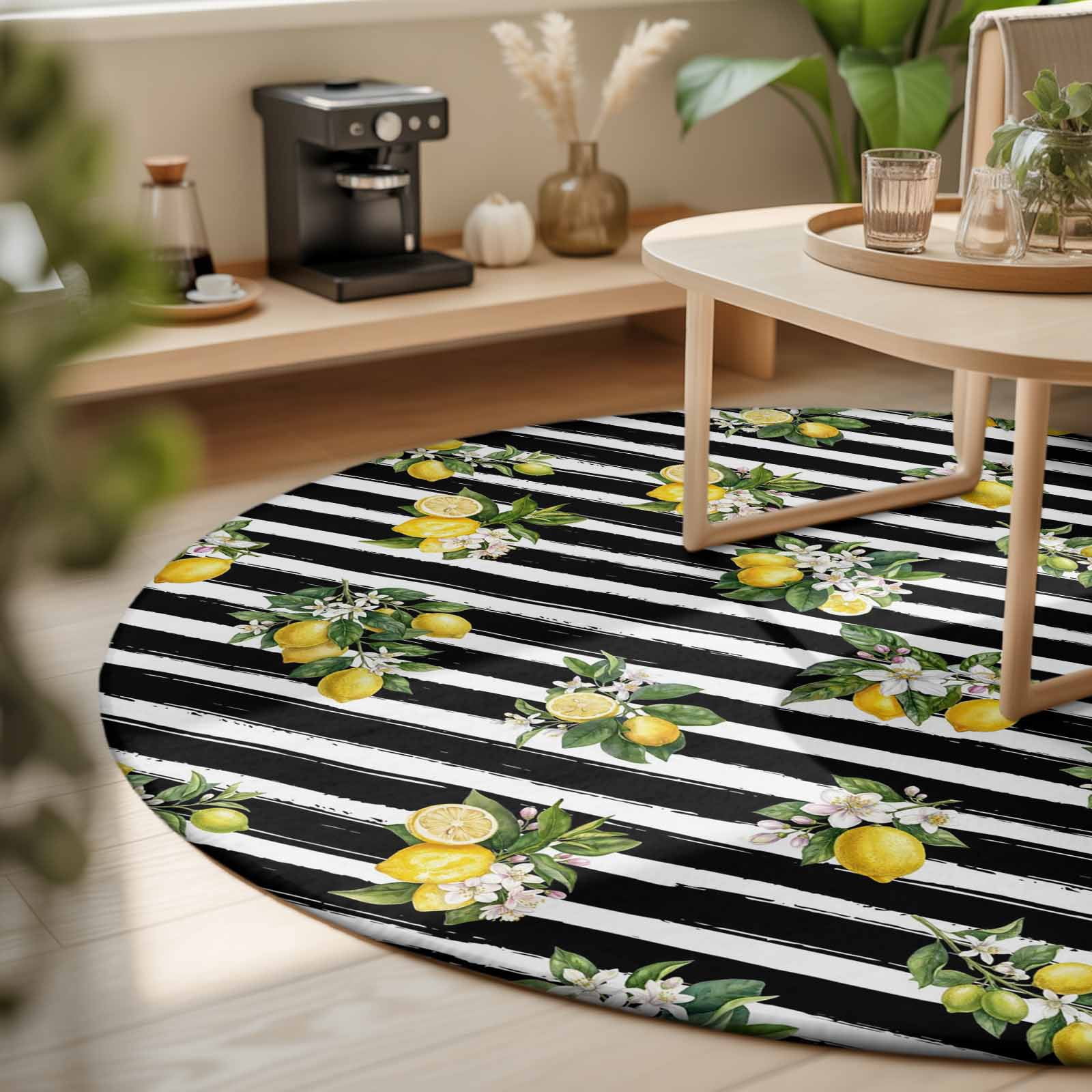 Round Area Rugs 5Ft, Summer Lemons Non-Slip Washable Circle Rugs Carpet, Modern Fruits Flowers Black Striped Indoor Outdoor Rug Floor Mats Throw Runner for Bedroom Living Room Bathroom