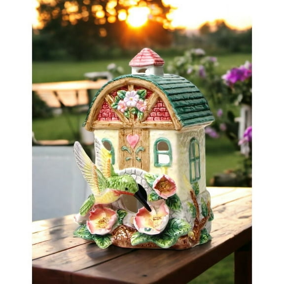 Ceramic Hummingbird Birdhouse Figurine 6 Inch Vintage