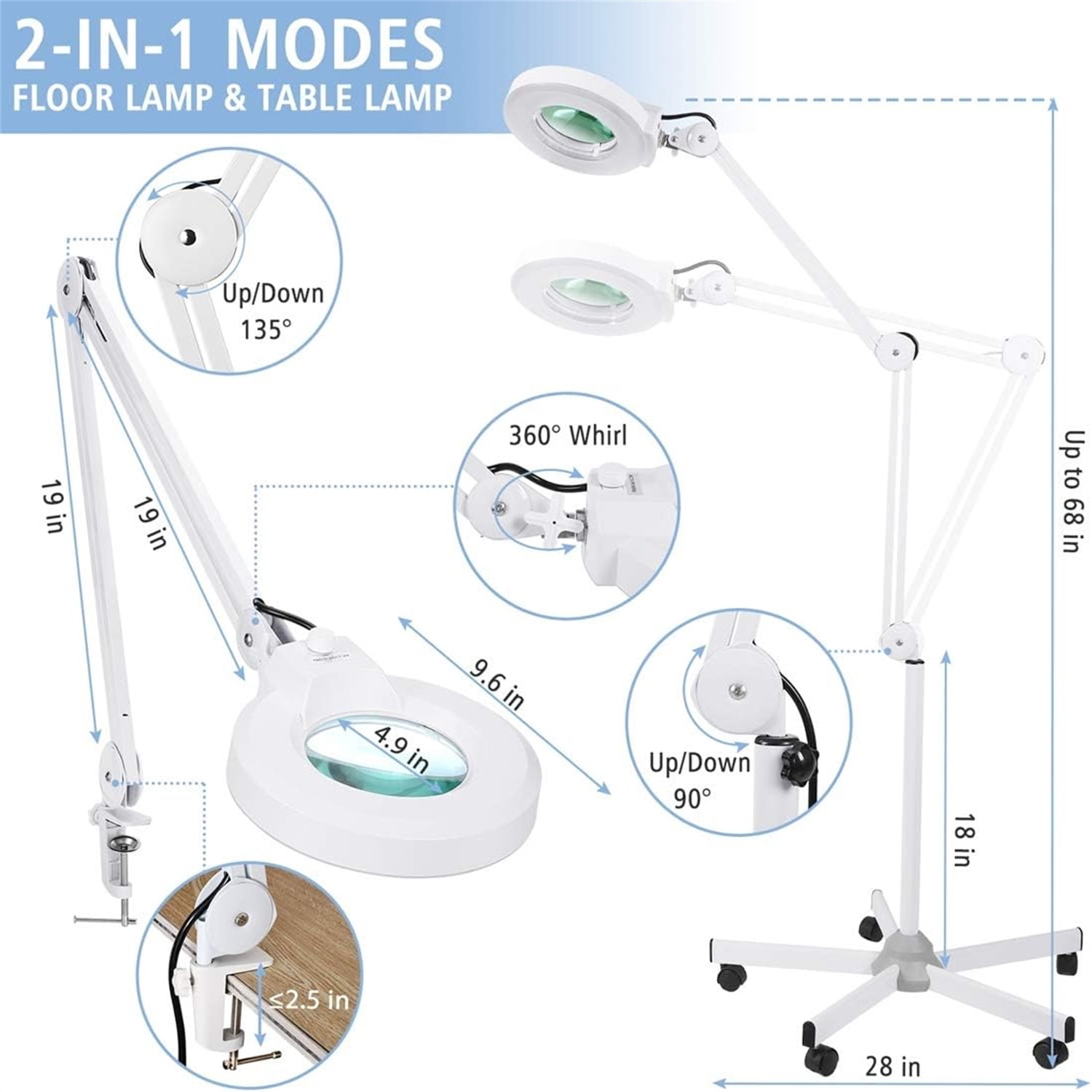 MagnieOpti Magnifying Glass with Light and Stand, Floor Lamp with 5 Wheels Rolling Base for Lash Estheticians Facials, 2200 Lumens Stepless Dimmable, LED Lighted Standing Magnifier for Sewing Crafts