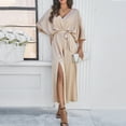 thumbnail image 6 of Batwing Sleeve Long Dress Women Solid Color Split Belted Cocktails Satins Dress, 6 of 16