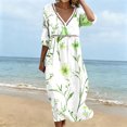 thumbnail image 4 of Karymi Floral Print V Neck Midi Dress, Hollow Out Cutout Trim 3/4 Sleeve Empire Waist Loose Flowy Casual Summer Vacation Sundress Wedding Guest Dresses for Women, 4 of 6