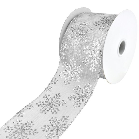 Metallic Glitter Christmas Snowflake, Stripe Sheer Wired Ribbon, 2-1/2-Inch, 10-Yard - Silver