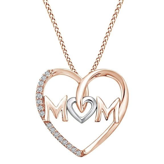 AFFY Mother's Day Jewelry Gifts White Natural Diamond Two Tone Mom Heart Pendant Necklace In 14k Rose Gold Over Sterling Silver (0.10 Cttw)
