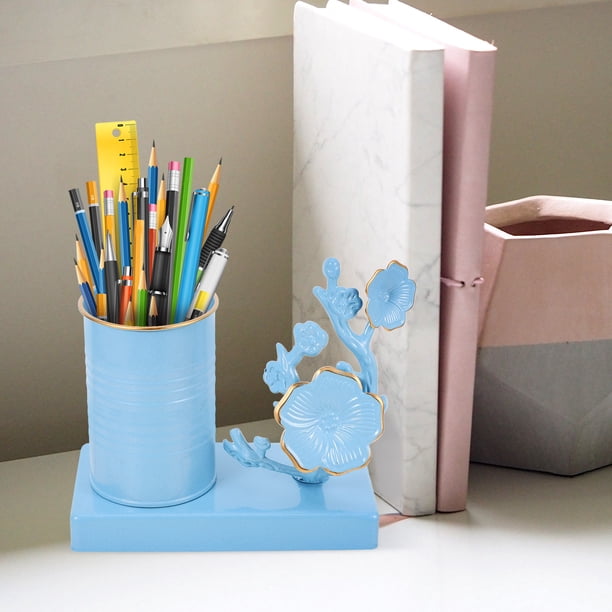 unbranded Soporte Multifuncional De Hierro Azul Para Bolígrafos Y Pinceles Con Floral