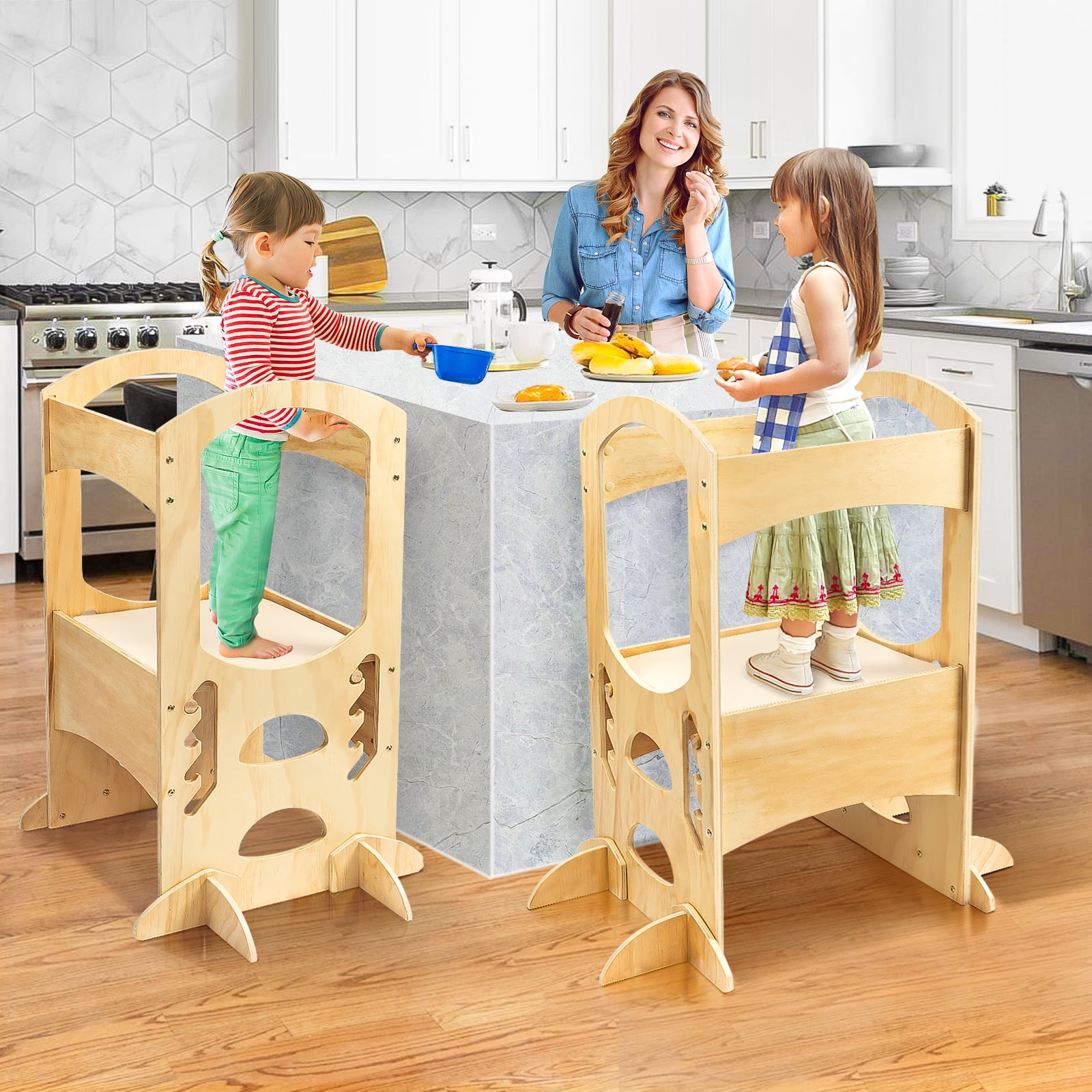 Comomy Kitchen Buddy Stool, Learning Step Stool for Kids, Wood Toddler Tower, Kitchen Helper Step Stool with Support Handles and Non-Slip Mat, for ...