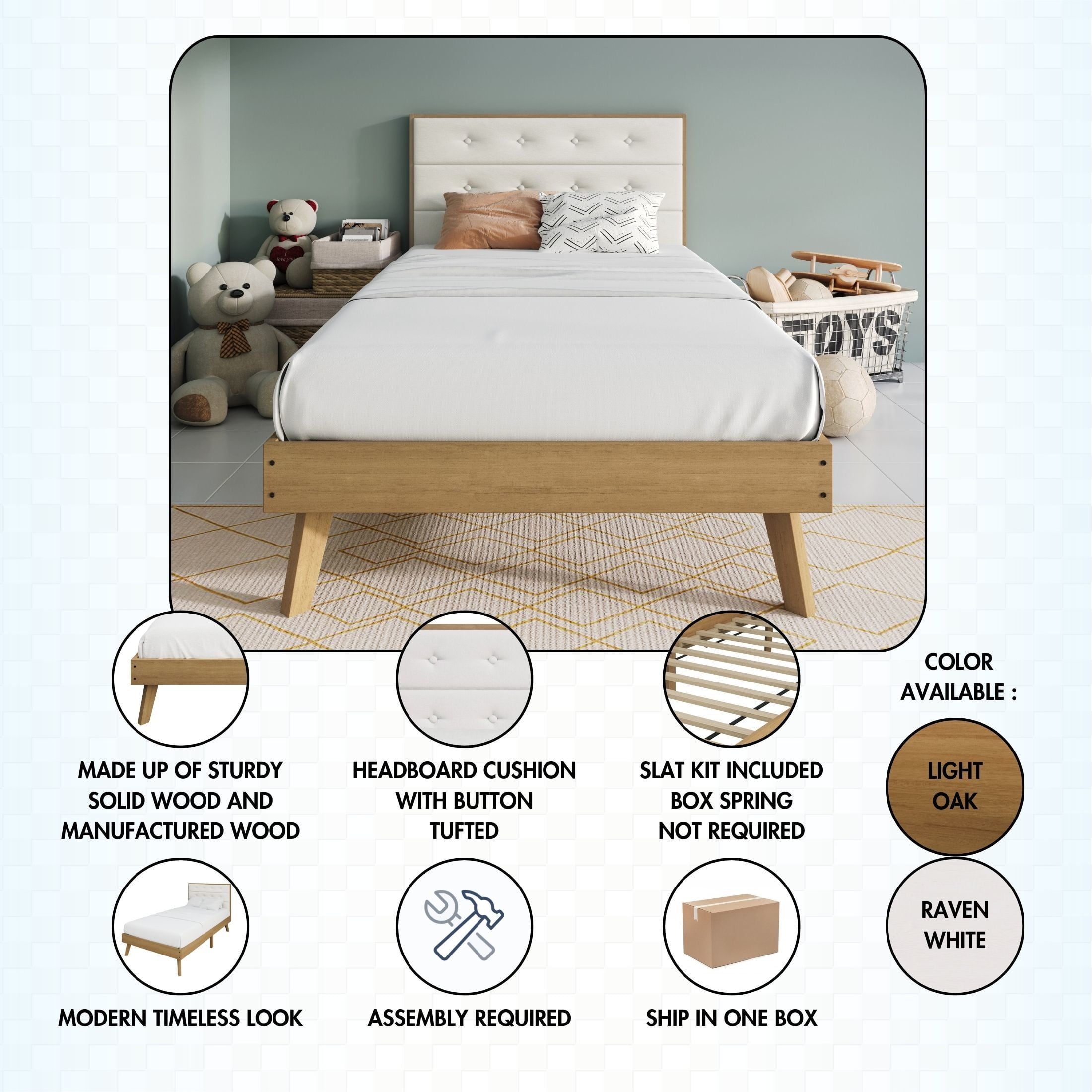Castle Place Elegant Mid-Century Wooden Twin Platform Bed, White