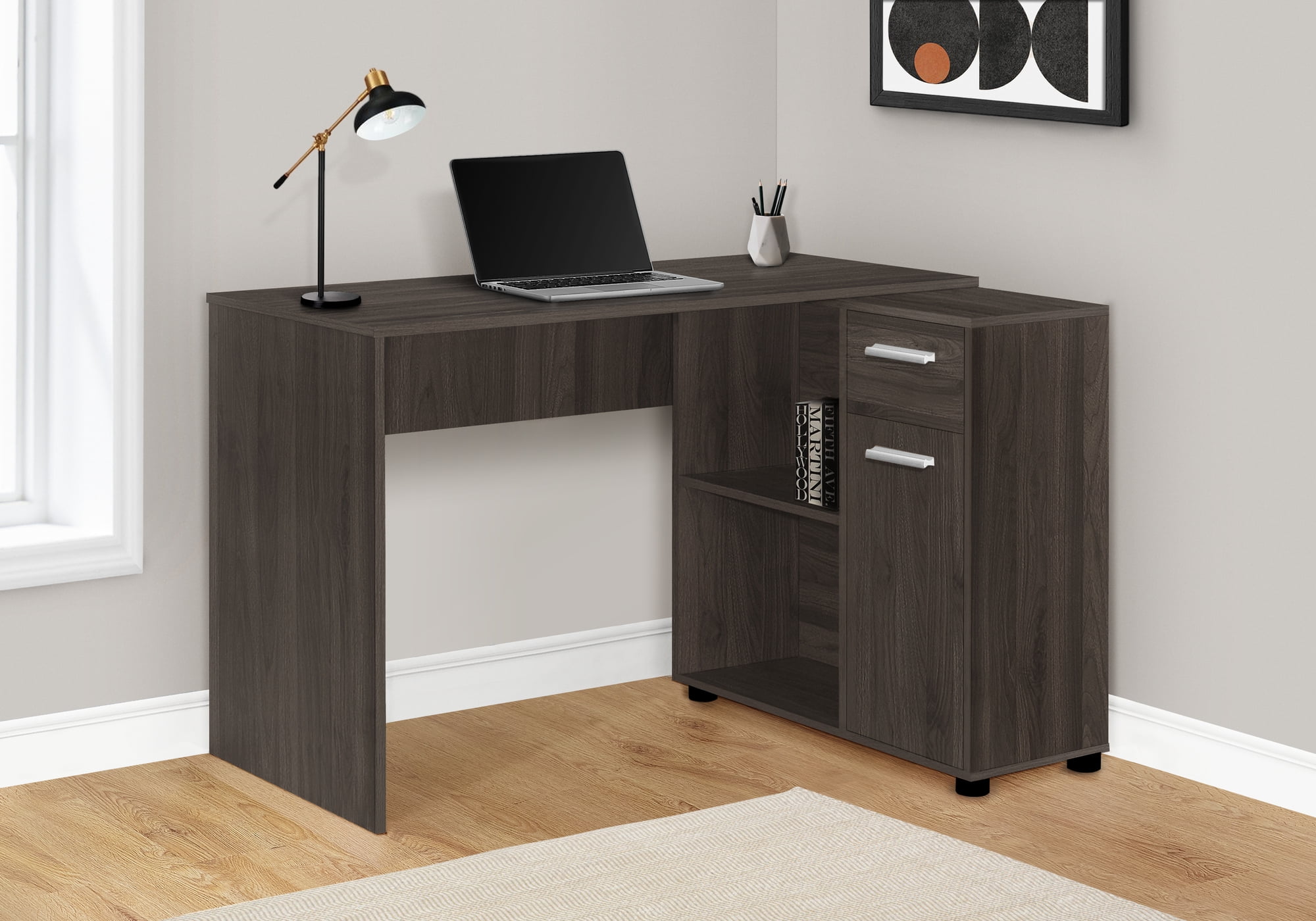 46 Inch Brown Oak L Shaped Computer Desk with Storage Drawer and Cabinet