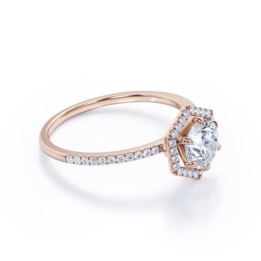 JeenMata Pave 1.75 Carat Round Shape Moissanite Hexagon Halo Six Prong Set Engagement Ring In 18K Rose Gold Plating Over Silver
