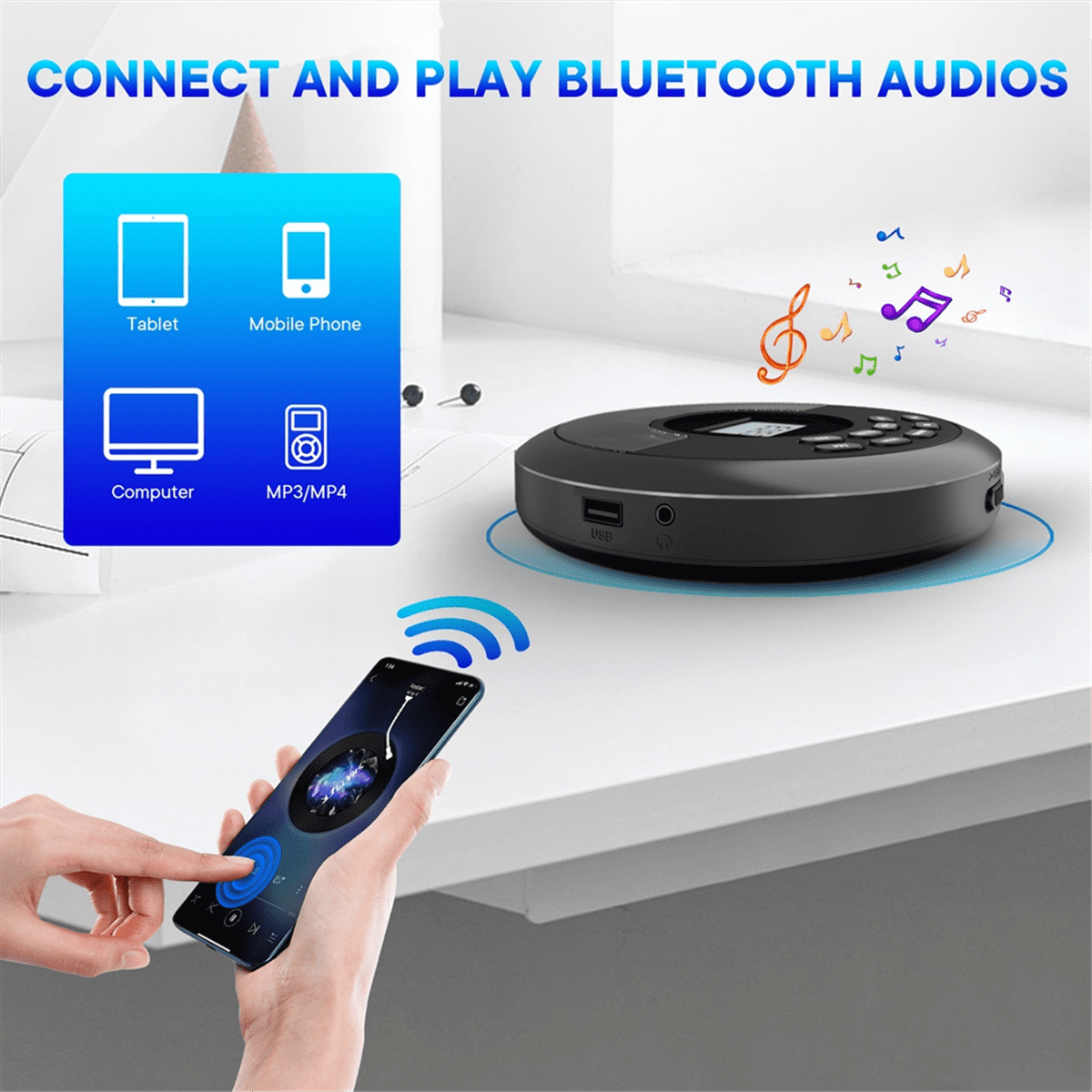 Portable Bluetooth CD Player Rechargeable Discman with Dual Speakers and Headphones  Cd Player Mp3 Player Black