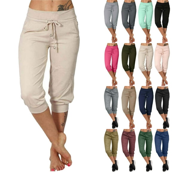 Jewelreauty Women Elastic Waist Jogger Capris Pants Casual Stretch Drawstring Fitness Trousers with Pockets (M, Beige)