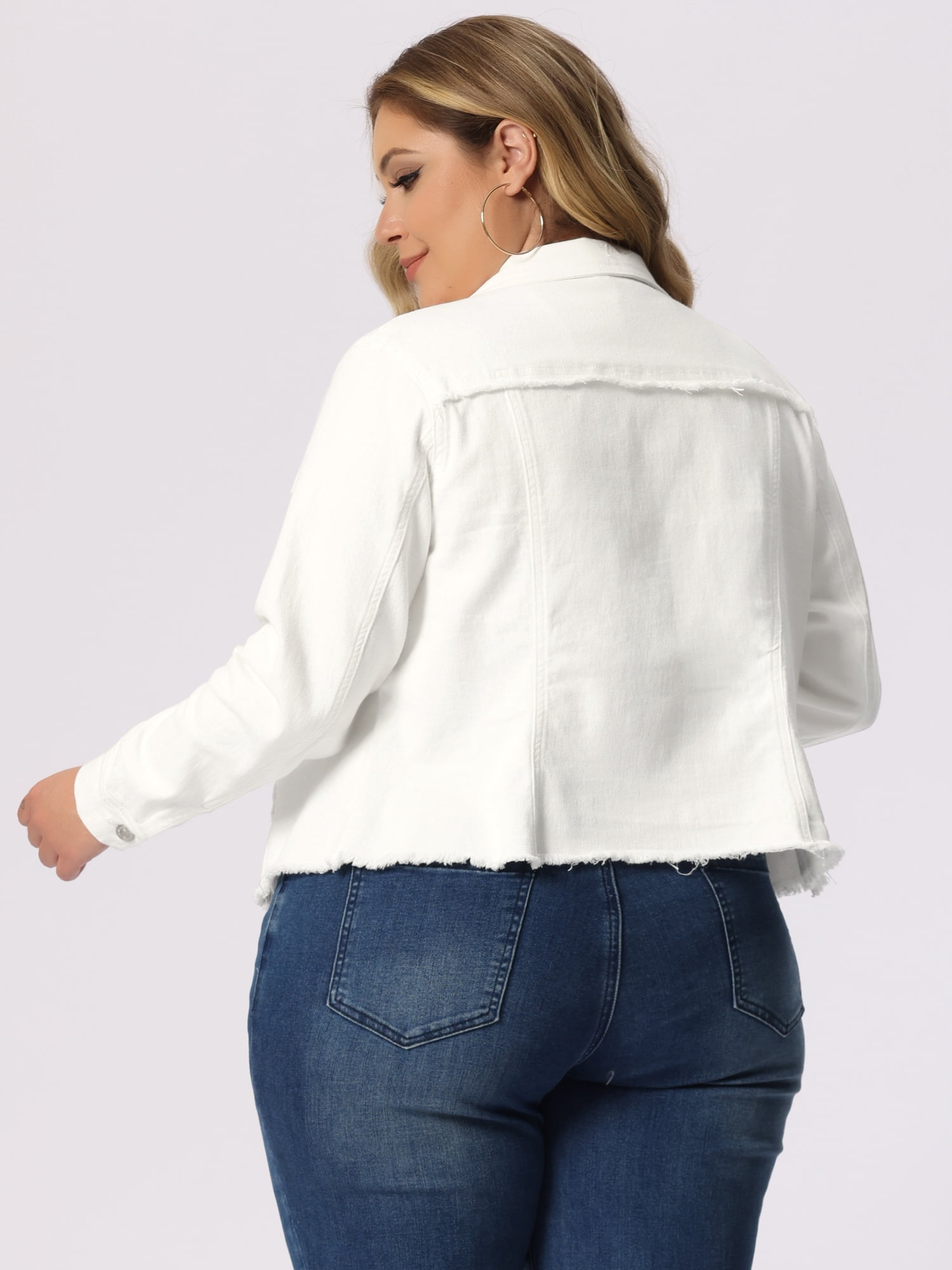 DARING DIVA Women's Plus Size Washed Front Frayed Classic Denim Jacket 6X White
