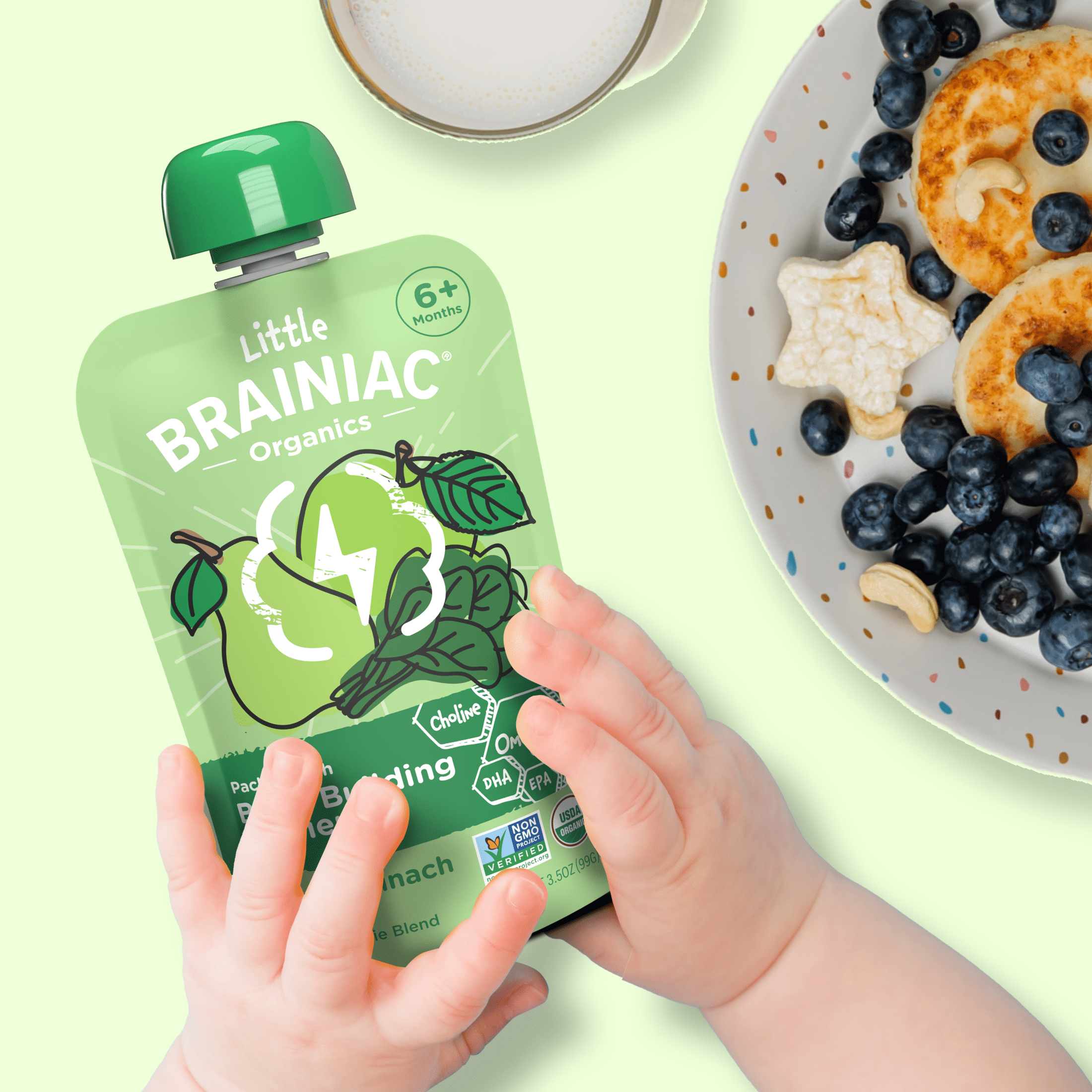 Little Brainiac Organic Fruit & Veggie Baby Food Pouch with Omega-3s, Apple Spinach Pear, 3.5oz, 6ct