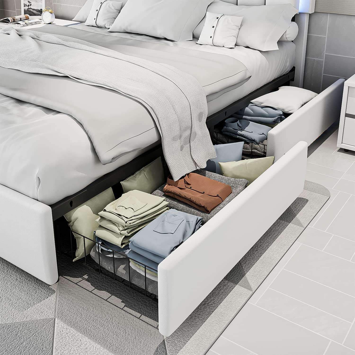 Catrimown Queen Size Bed Frame with LED Light Headboard, Upholstered Platform Bed Frame with Storage Drawers, No Box Spring Needed, White