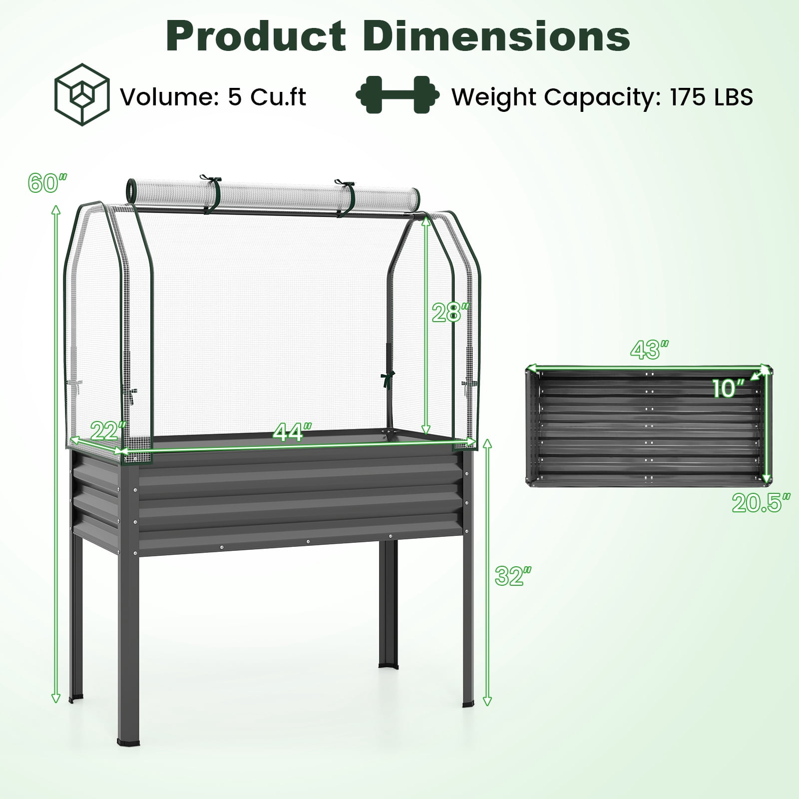 Costway 1 PCS Galvanized Raised Garden Bed with Legs Greenhouse Cover Roll-up Door for Vegetable Gray