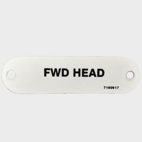 Carver Boat Forward Head Label 7160917 | 2 3/4 x 3/4 Inch White Plastic