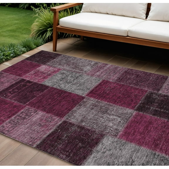 9' X 12' Merlot Burgundy And Gray Patchwork Washable Indoor Outdoor Area Rug