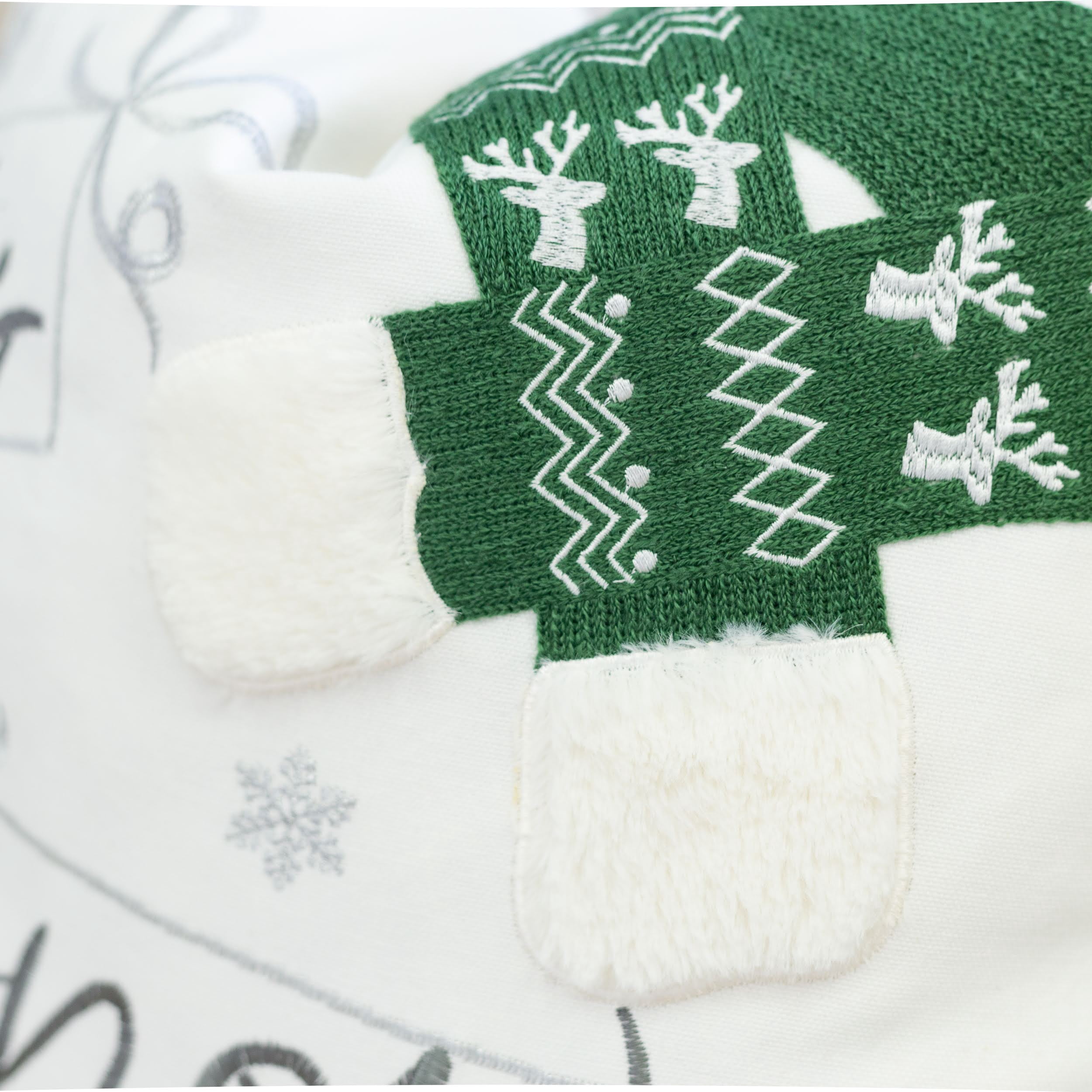 Let It Snow Embroidered Throw Pillow with Green Knit Hat 20x20 Inch Cotton Holiday Decor