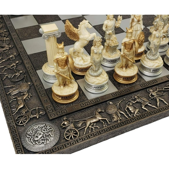 Greek Mythology Olympus Gods Chess Set Antique White  Gold W 17" Greek Board