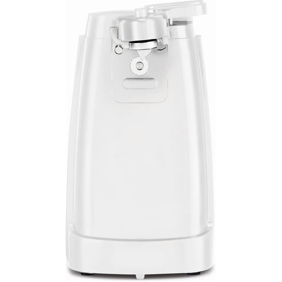 Electric can opener/knife sharpener with detachable cutting rod, power cord storage, and stainless steel blade.