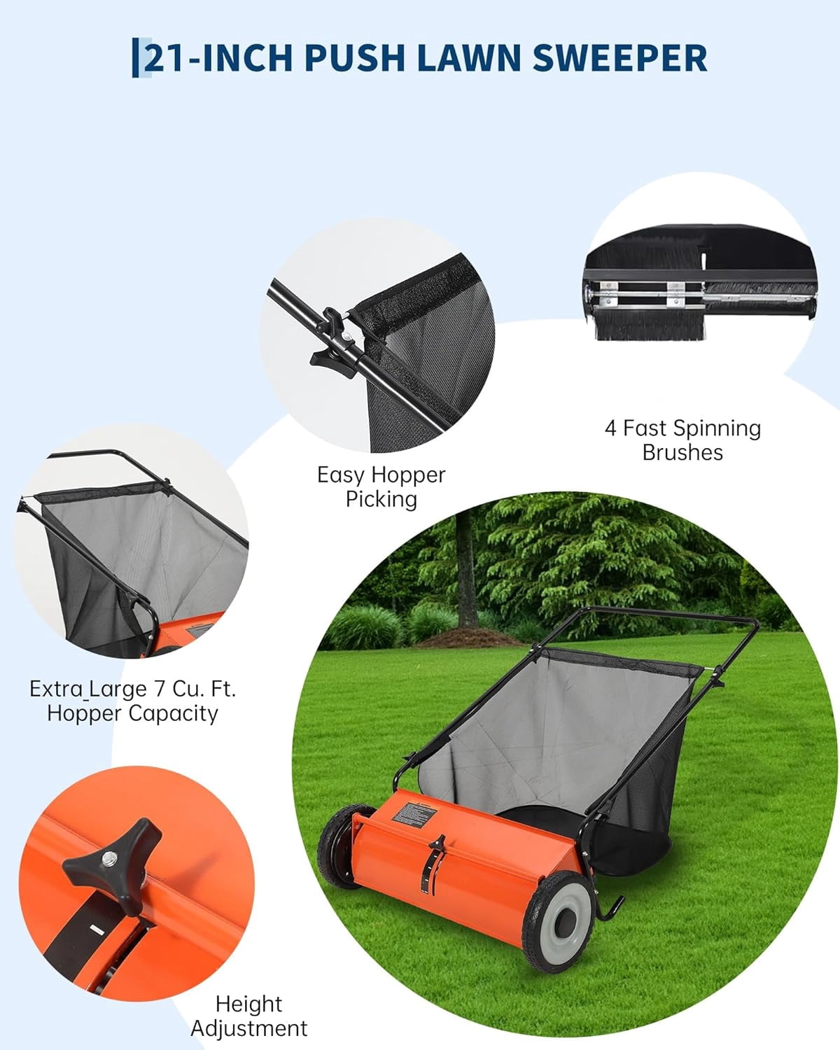 Orange 21-Inch Push Lawn Sweeper, 3.5 Cu. Ft. Hopper Capacity Leaf & Grass Collector with 4 Spinning Brushes, Adjustable Height, for Grass Clippings, Leaves & Debris