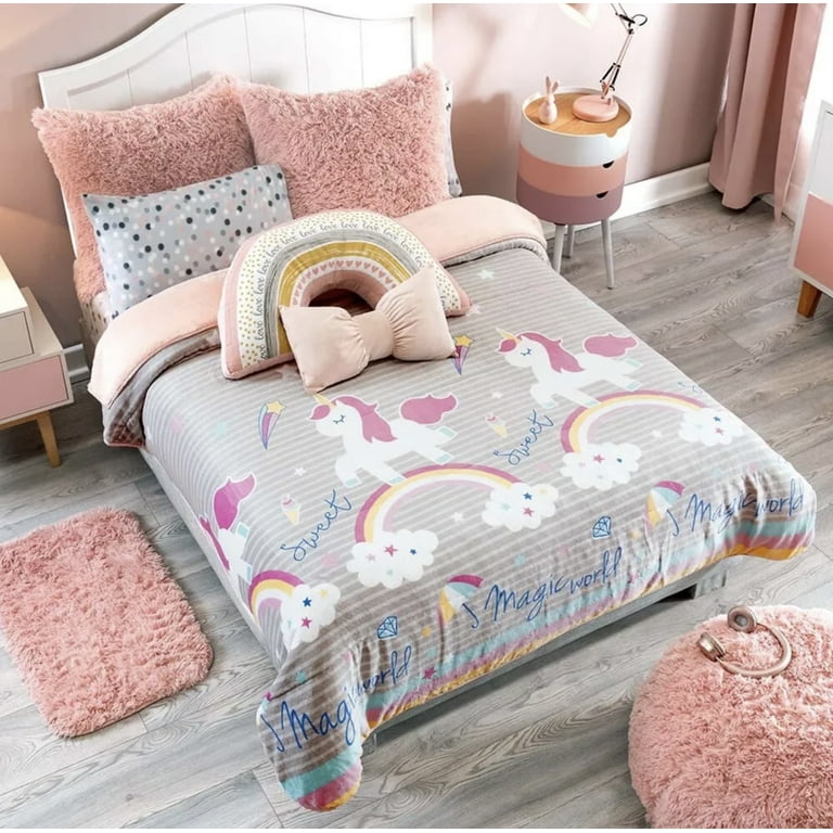SWEET UNICORNS TEENS KIDS GIRLS BLANKET WITH SHERPA VERY SOFTY THICK AND WARM TWIN SIZE