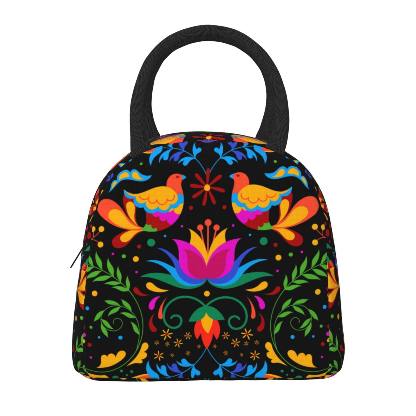 Horeoi Mexican Flower Traditional1 Pattern Large Insulated Lunch Bag for Work, School, Picnic - Waterproof, Durable Oxford Cloth, Comfortable Handle-Black