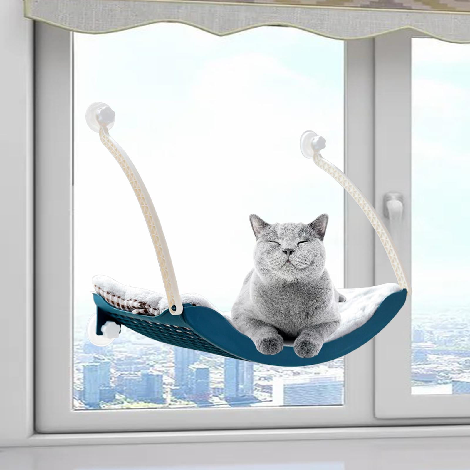Cat Window Perch, Cat Hammock w/Fleece Blanket Screw Suction Cups Large Sturdy Cat Bed Cat Resting Seat Holds Large Cats Indoors Outdoors Blue