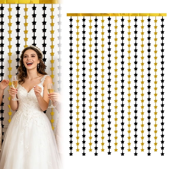 Party Supplies Black and Gold Fringe Curtain - Starry Backdrop for Graduation Party, Event Party Supplies